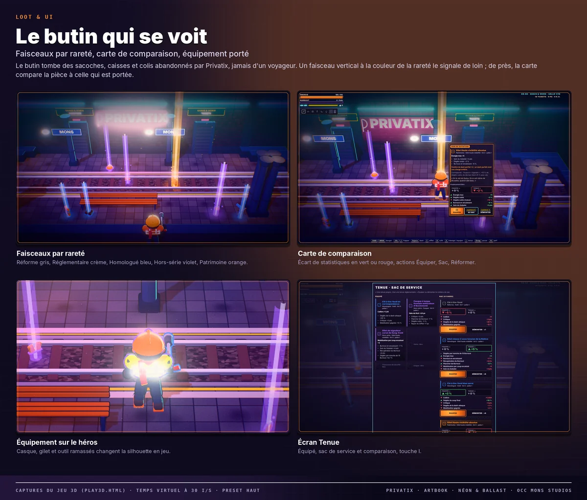 Planche « Le butin qui se voit » : Faisceaux par rareté, carte de comparaison, équipement porté.