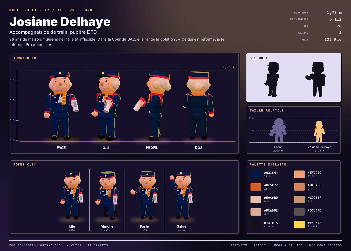 Model sheet de Josiane Delhaye : turnaround face, trois-quarts, profil et dos, silhouette, palette extraite, taille relative au héros et poses clés.