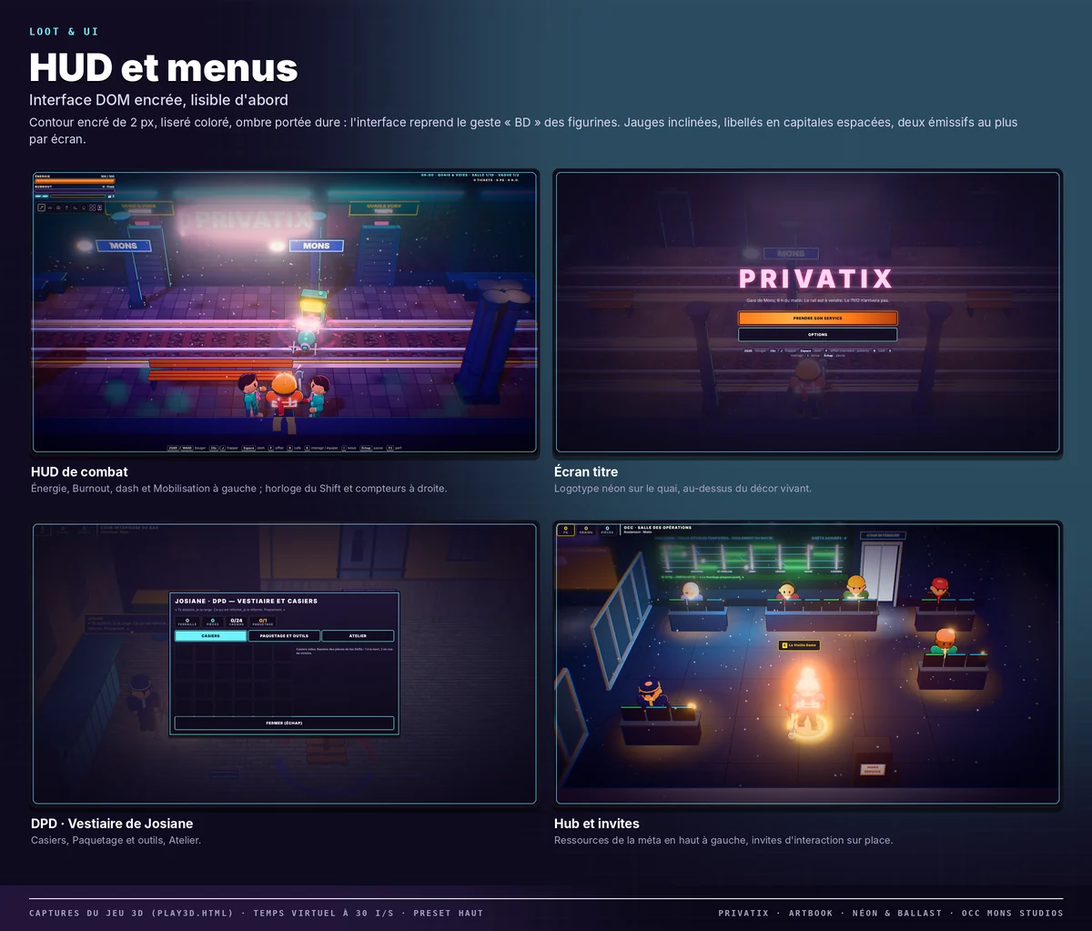 Planche « HUD et menus » : Interface DOM encrée, lisible d'abord.