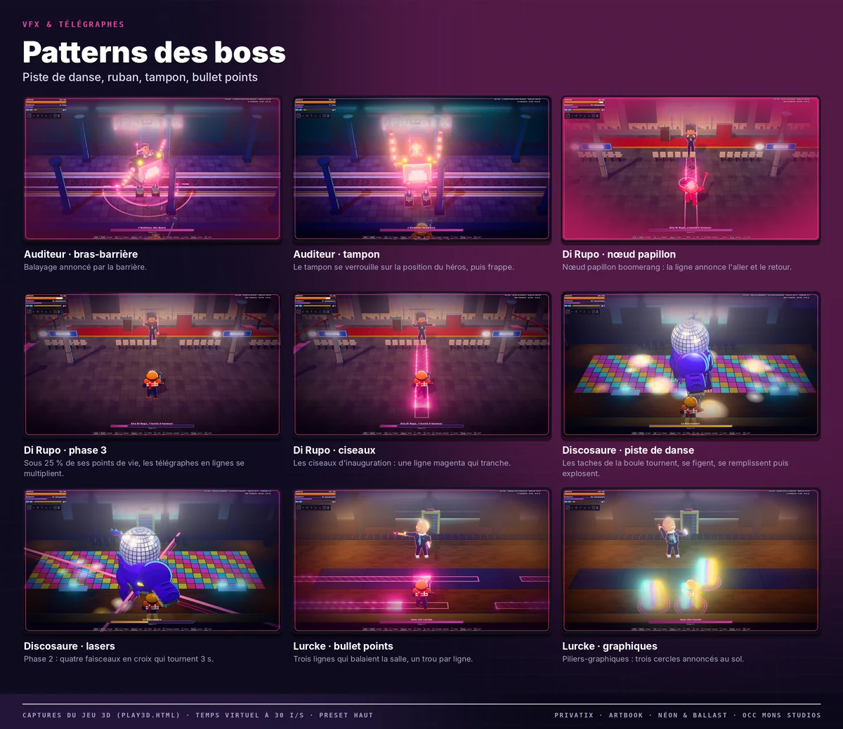 Planche « Patterns des boss » : Piste de danse, ruban, tampon, bullet points.