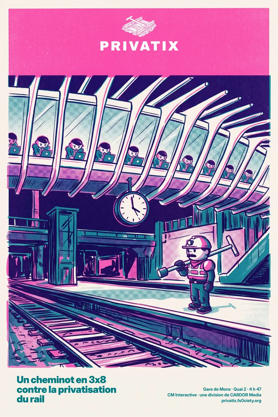 Affiche en risographie rose et turquoise : sous la passerelle de la gare de Mons, des consultants penchés sur leurs portables ; sur le quai, le héros porte sa clé à tire-fond sur l'épaule.