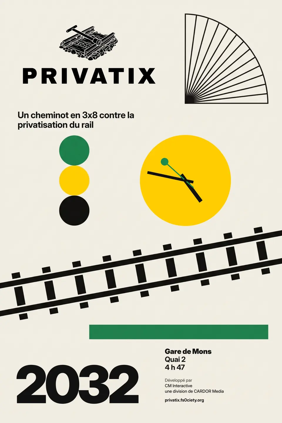 Affiche de style suisse sur fond crème : logo monochrome noir, feu vert, jaune et noir, horloge jaune à 4 h 47, rail en diagonale, « 2032 » et « Gare de Mons, Quai 2 ».