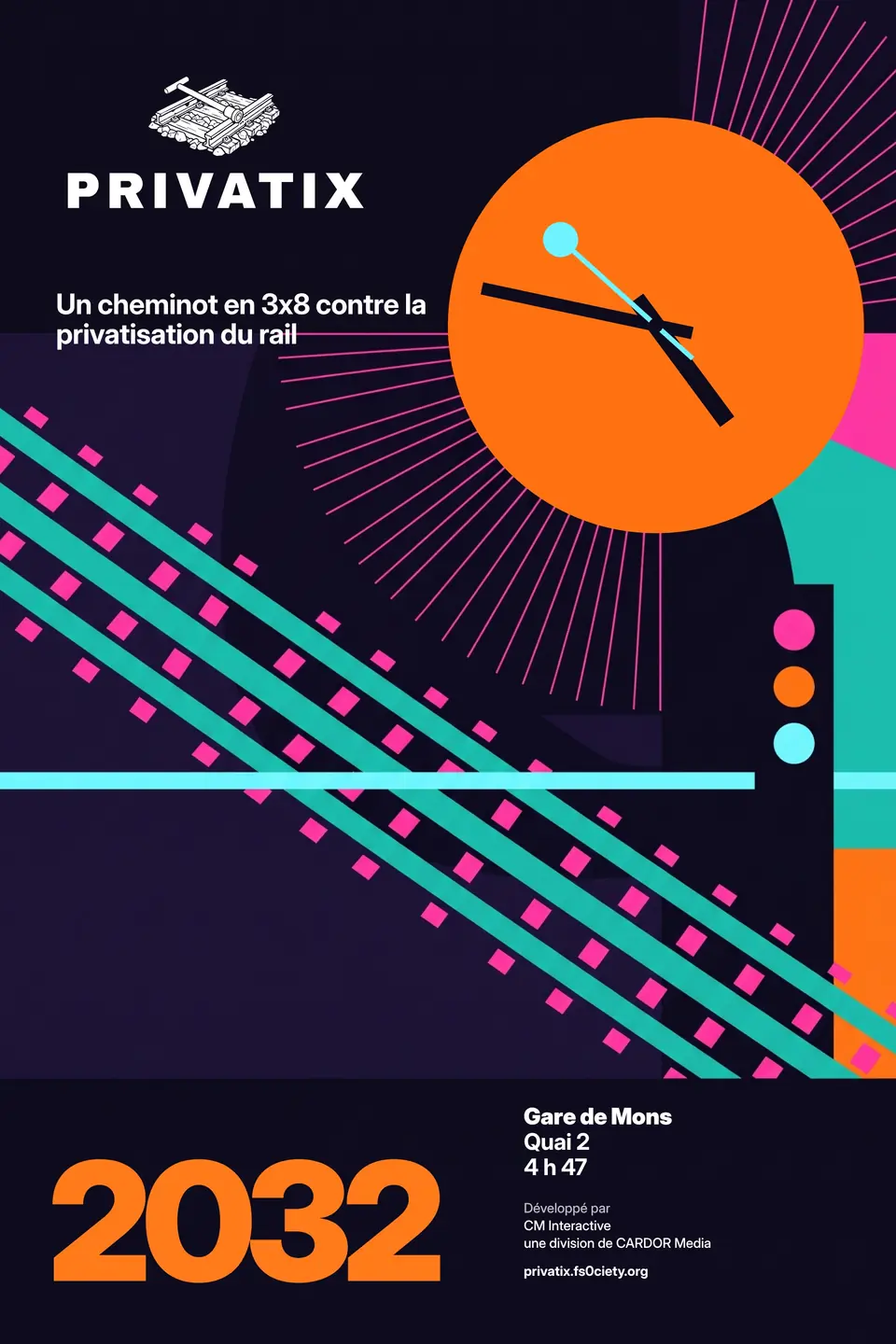 Affiche de style suisse sur fond nuit : logo monochrome blanc, horloge orange à 4 h 47 rayonnante, rails turquoise aux traverses magenta, « 2032 » en orange.