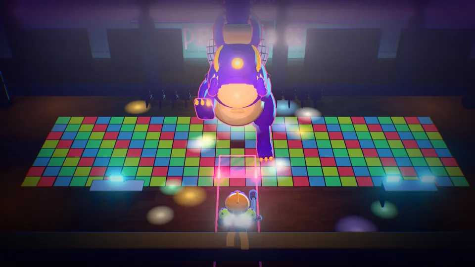Le Discosaure, dinosaure violet à boule à facettes, sur une piste de danse lumineuse face au héros.