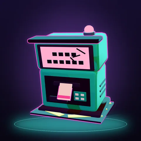 Une borne automatique turquoise à écran fissuré, sa fente à tickets prête à tirer.