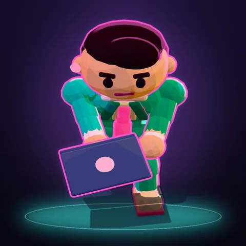 Un consultant junior en costume turquoise trop court abat son laptop, écran magenta, en fondant sur le joueur.