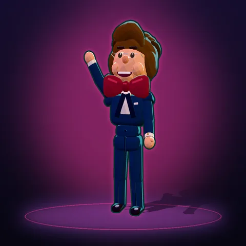 Caricature d'Elio Di Rupo en invité d'honneur souriant : grande chevelure brune, nœud papillon bordeaux, costume bleu marine, la main levée pour saluer.