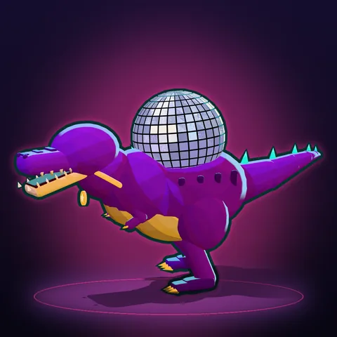 Le Discosaure, dinosaure violet en costume, gueule ouverte, une boule à facettes encastrée dans le dos.