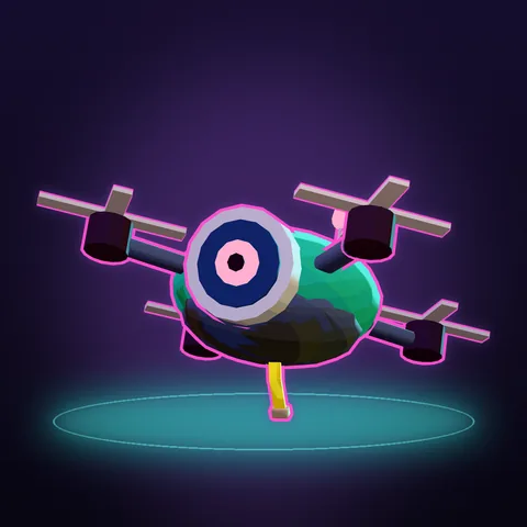 Un petit quadrirotor à œil-objectif, l'objectif cerclé de magenta pendant qu'il vise.