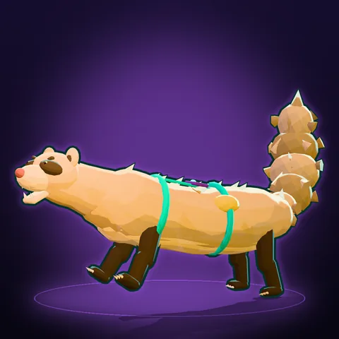 Le Furet putride, énorme furet au pelage ébouriffé et au collier Privatix, queue dressée en pleine danse de guerre.