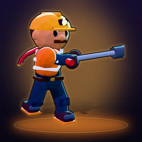 Le héros, casque de chantier et gilet orange haute visibilité, frappe avec sa clé à tire-fond.