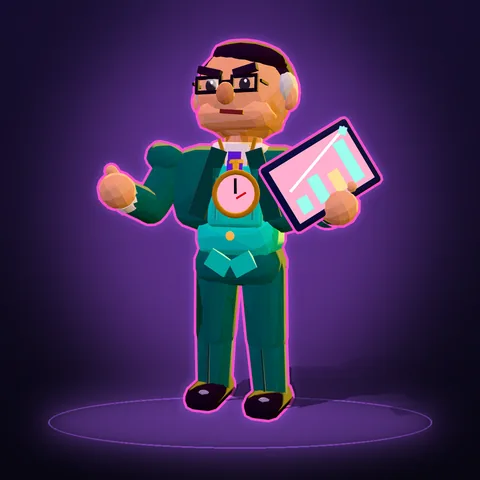 Le Manager KPI, carrure large en costume trois-pièces turquoise, chronomètre doré au cou, brandit une tablette au graphique magenta.
