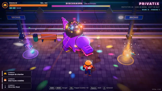 Le Discosaure, dinosaure violet portant une boule à facettes sur le dos, fait face au héros sur un quai éclairé de confettis colorés.